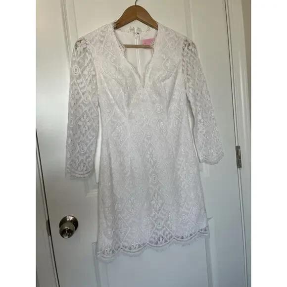 NWT Lilly Pulitzer Meryl 3/4 Sleeve V Neck Resort White Diamond Lace Dress 00 - Picture 7 of 7